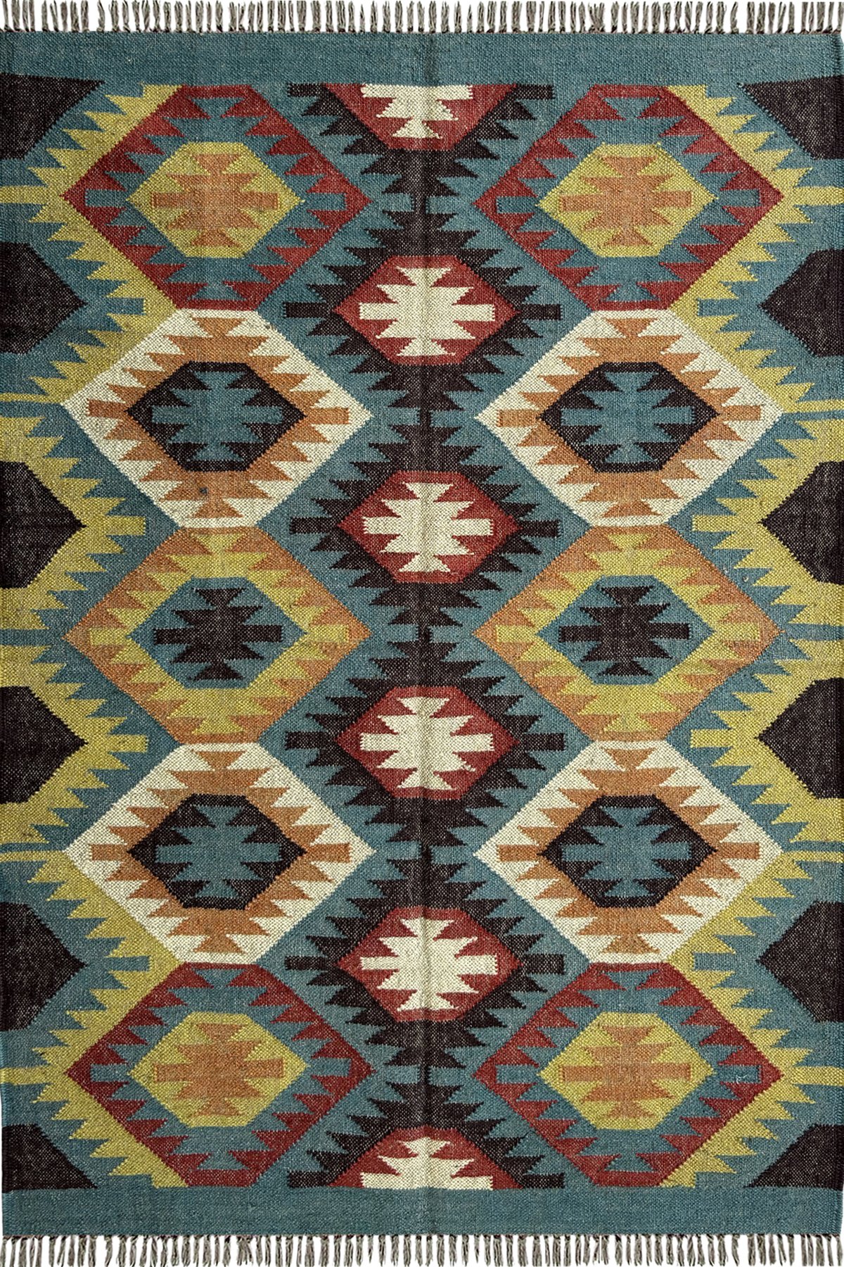 Handmade Wool Jute Multicolor Geometric Tribal Rug 4x6 ft | Boho Kilim Style Area Rug | Handwoven Ethnic Floor Carpet