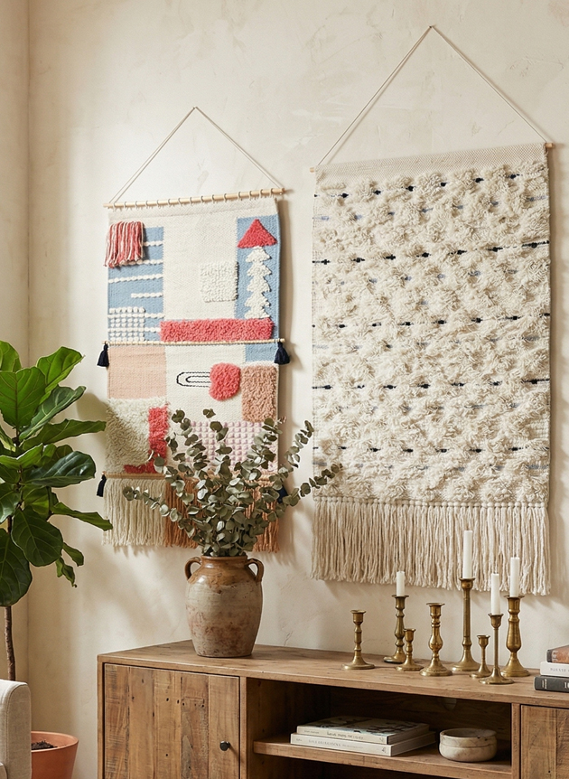 Boho wall tapestry with handwoven texture, decorative macrame style wall hanging for bohemian home decor