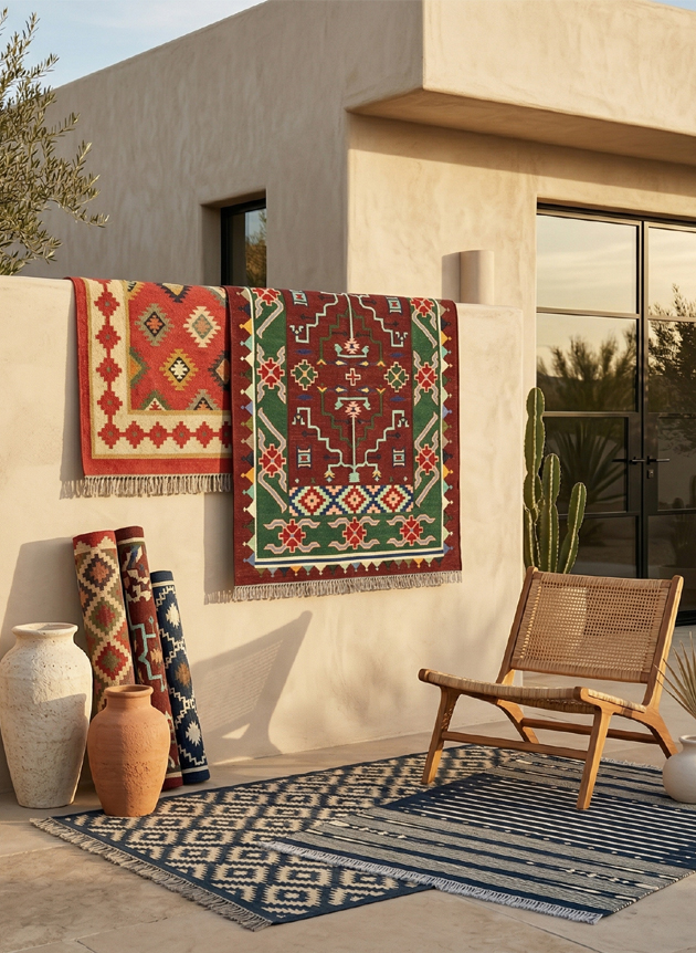 Modern dhurrie rug from Jodhpur Bishnoi village Salawas, handmade flatweave rug with geometric design