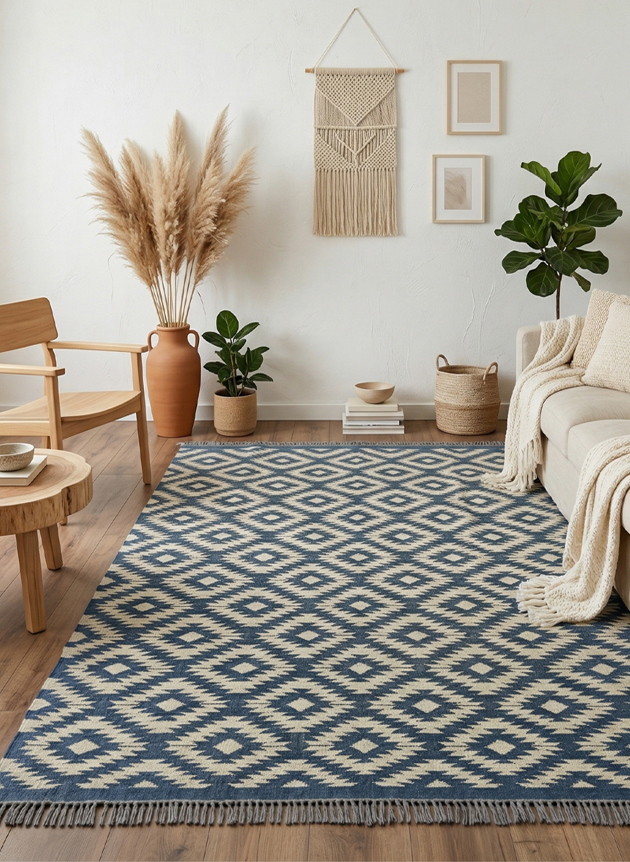 Modern dhurrie rug with geometric pattern, handwoven flatweave rug for contemporary living room decor
