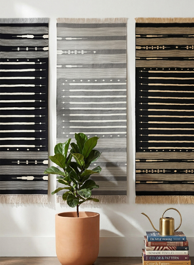 Striped handwoven cotton dhurrie rug with minimalist design for modern living room decor