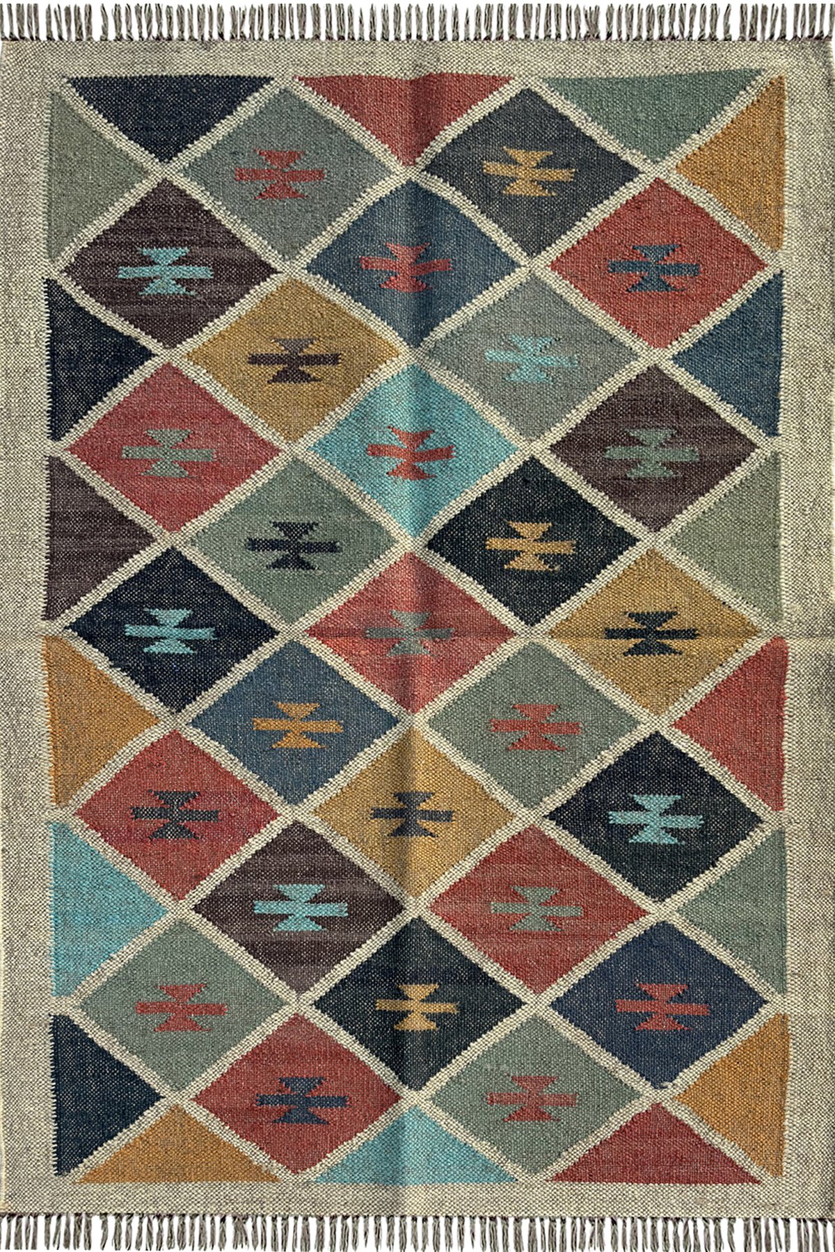 Natural Fiber Wool & Jute Killim Rug 3x5 Ft Handmade Geometric Artisan Carpet