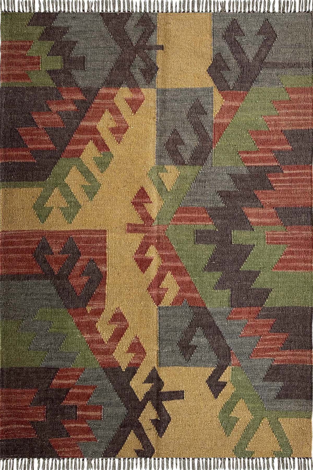 Handwoven Wool & Jute Area Rug 4x6 Ft Handmade Ethnic Pattern Floor Rug
