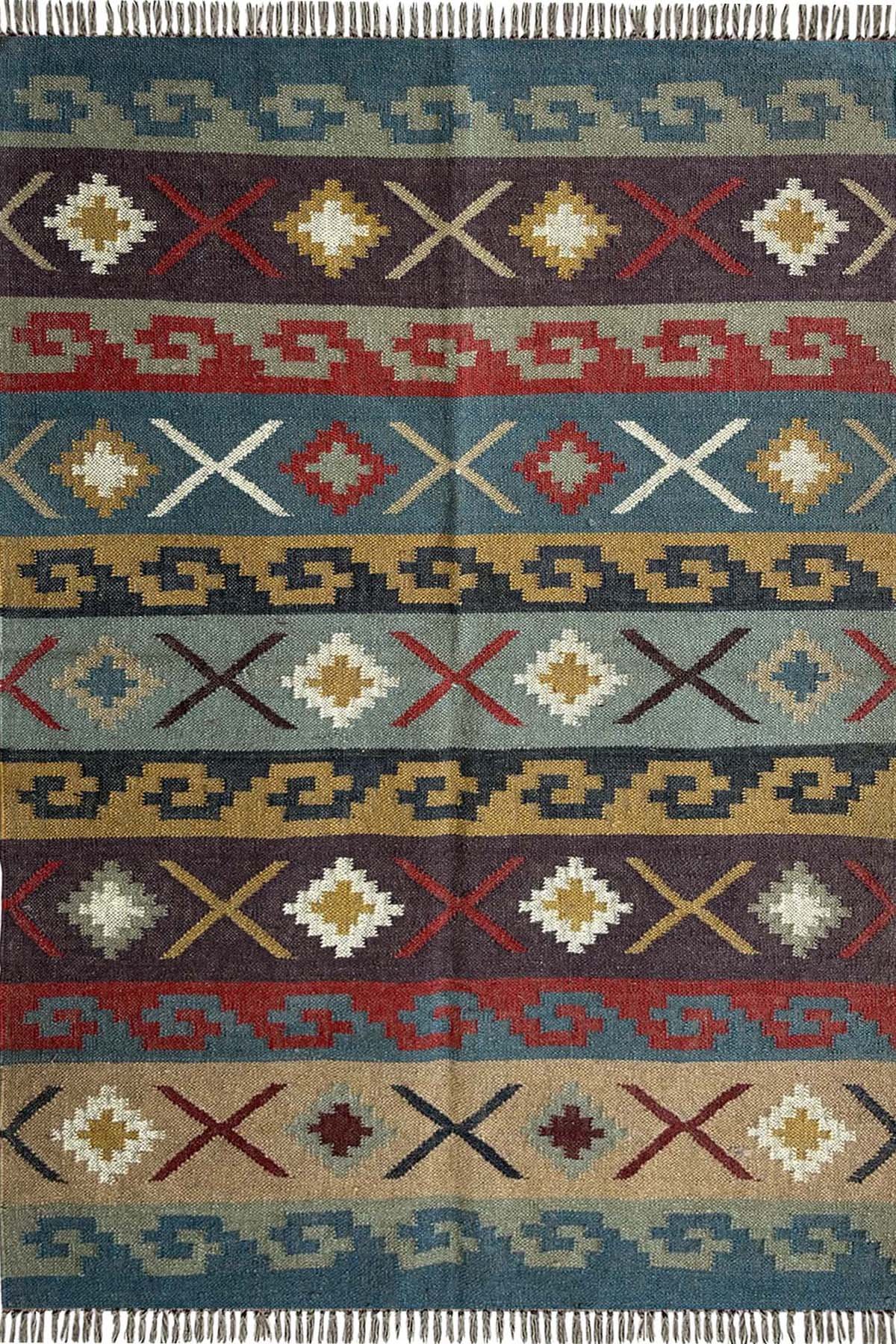 Handmade Handwoven Wool & Jute Rug 4x6 Ft Ethnic Geometric Home Décor Rug