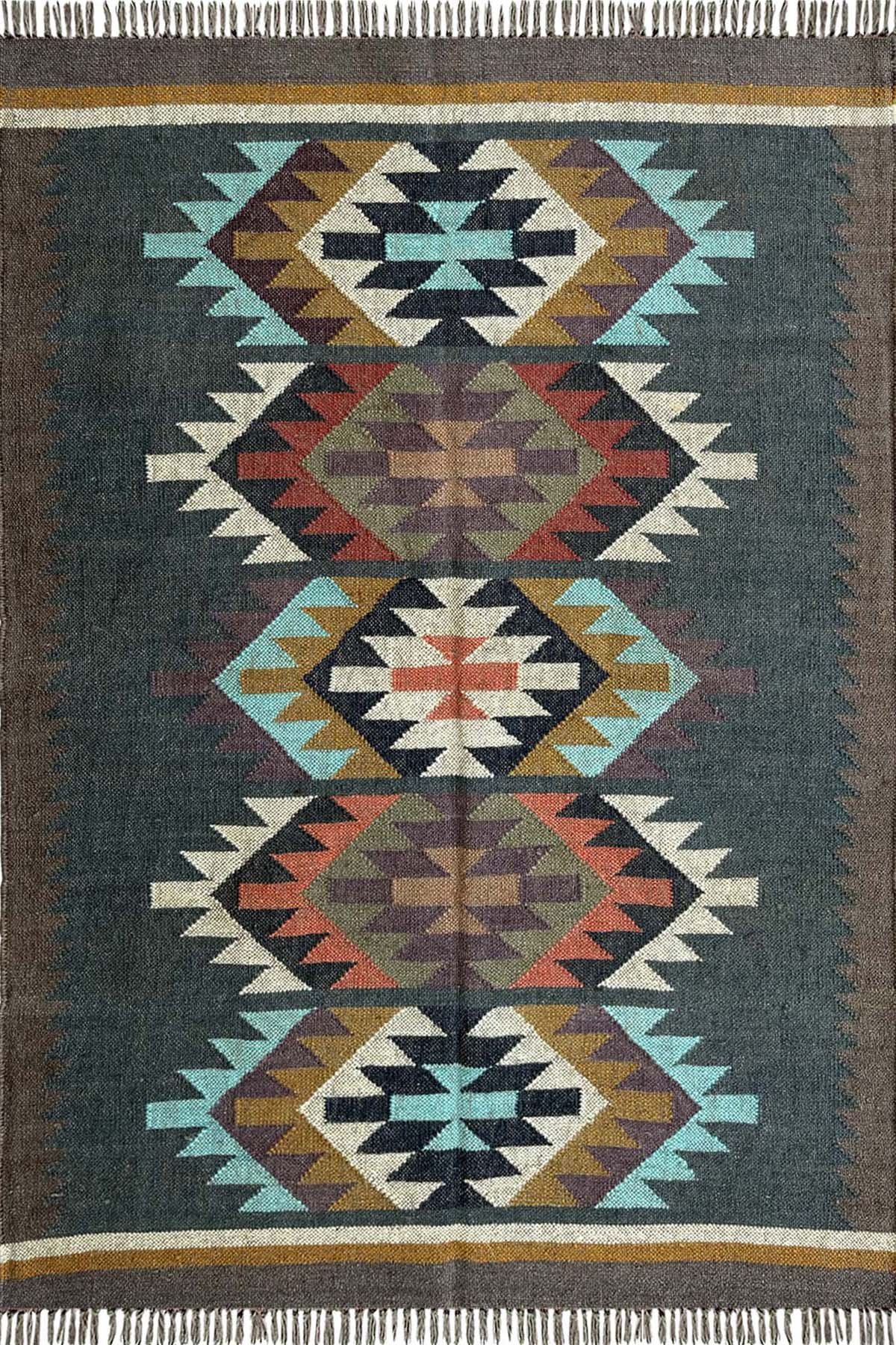 4x6 Ft Handwoven Wool Jute Rug Handmade Multicolor Geometric Area Rug