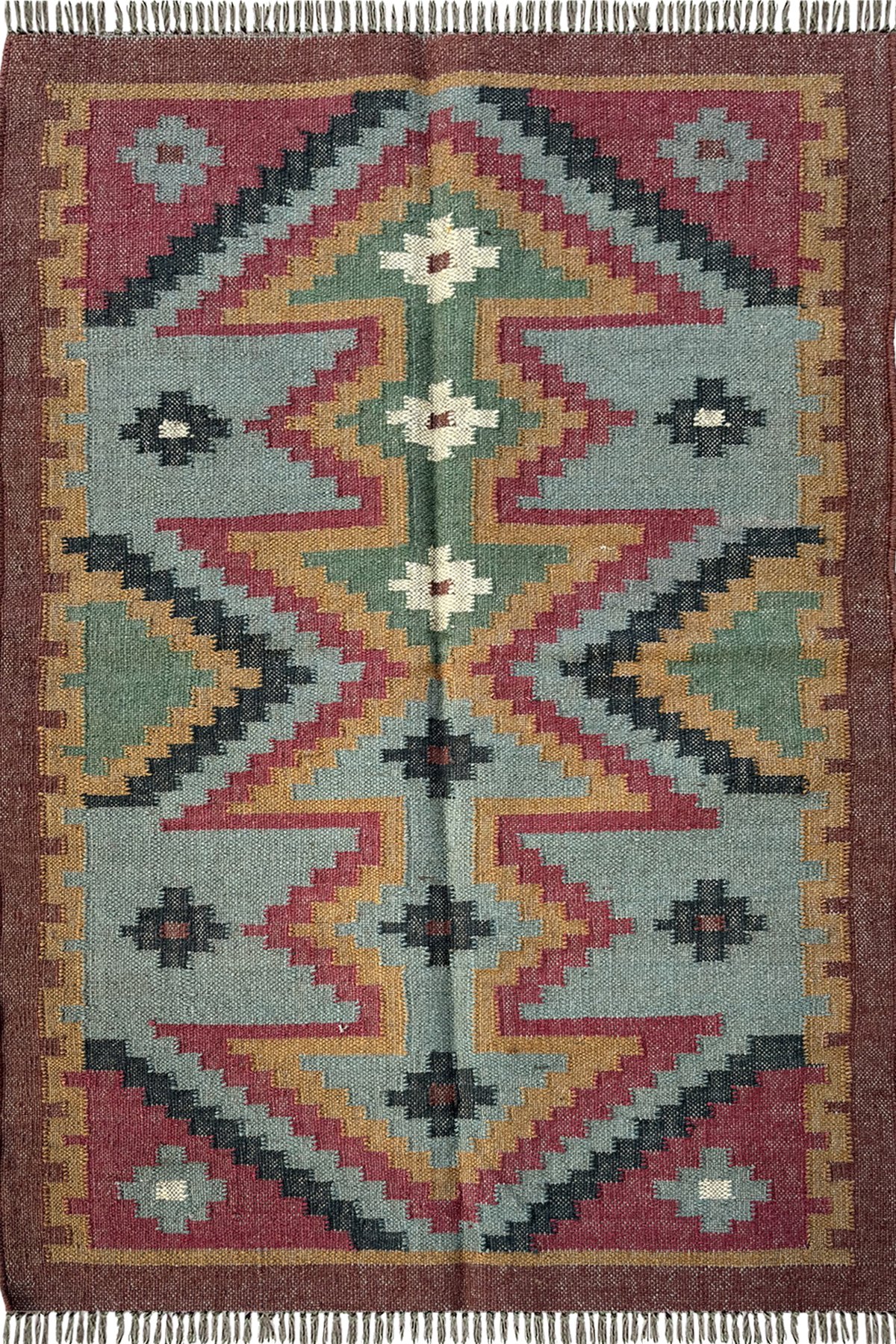 Handmade Wool Jute Carpet 3x5 Ft Multicolor Geometric Design Rug