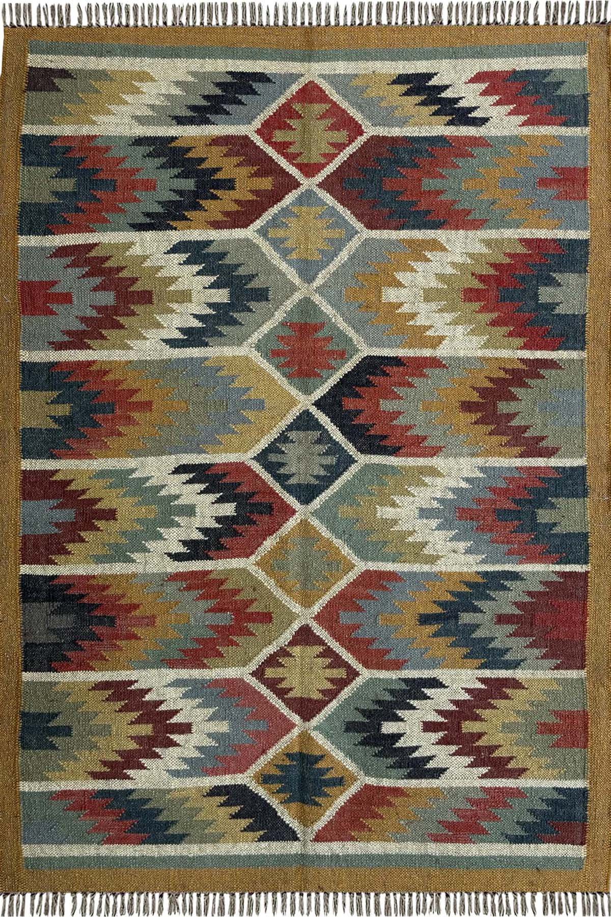 Wool & Jute Handwoven Rug 4x6 Ft Handmade Geometric Dhurrie for Living Room