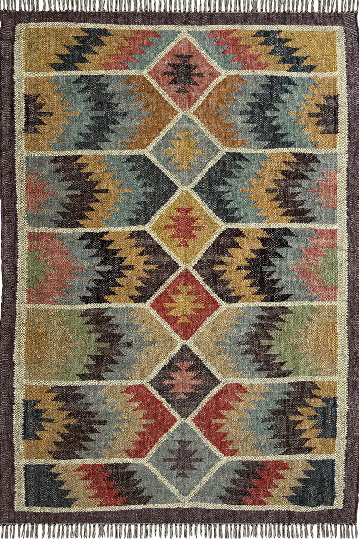 Wool & Jute Handmade Area Rug 4x6 Ft Handwoven Multicolor Geometric Floor Rug