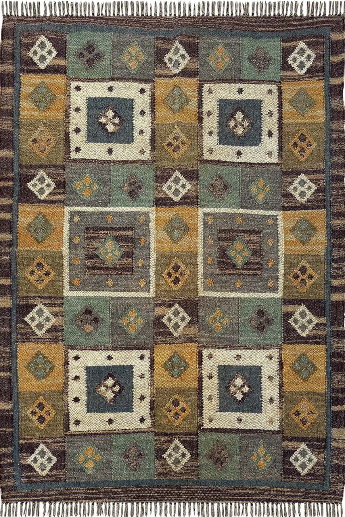 Handmade Wool & Jute Rug 4x6 Ft Handwoven Boho Geometric Area Rug for Bedroom