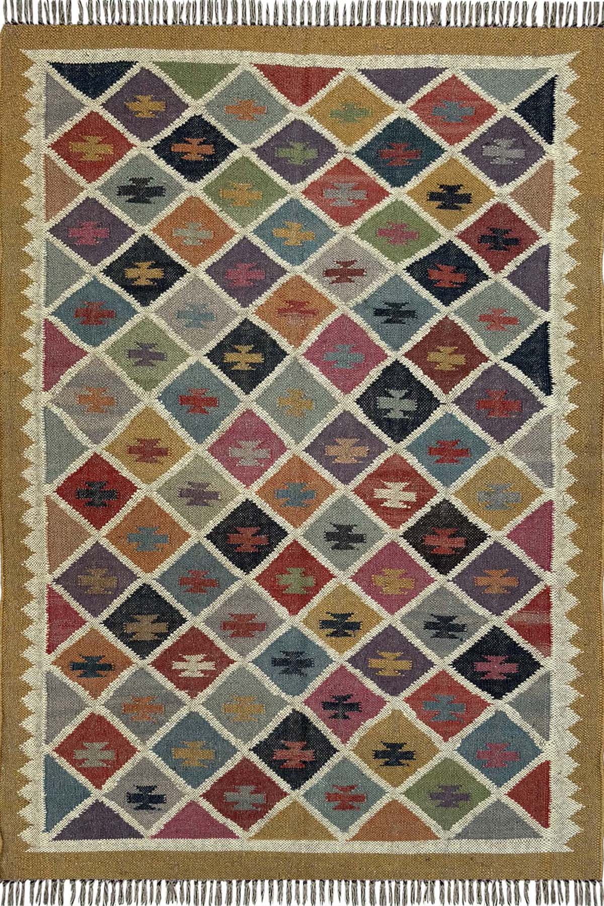 Handwoven Wool Jute Floor Carpet 4x6 Ft Artistic Geometric Design Rug