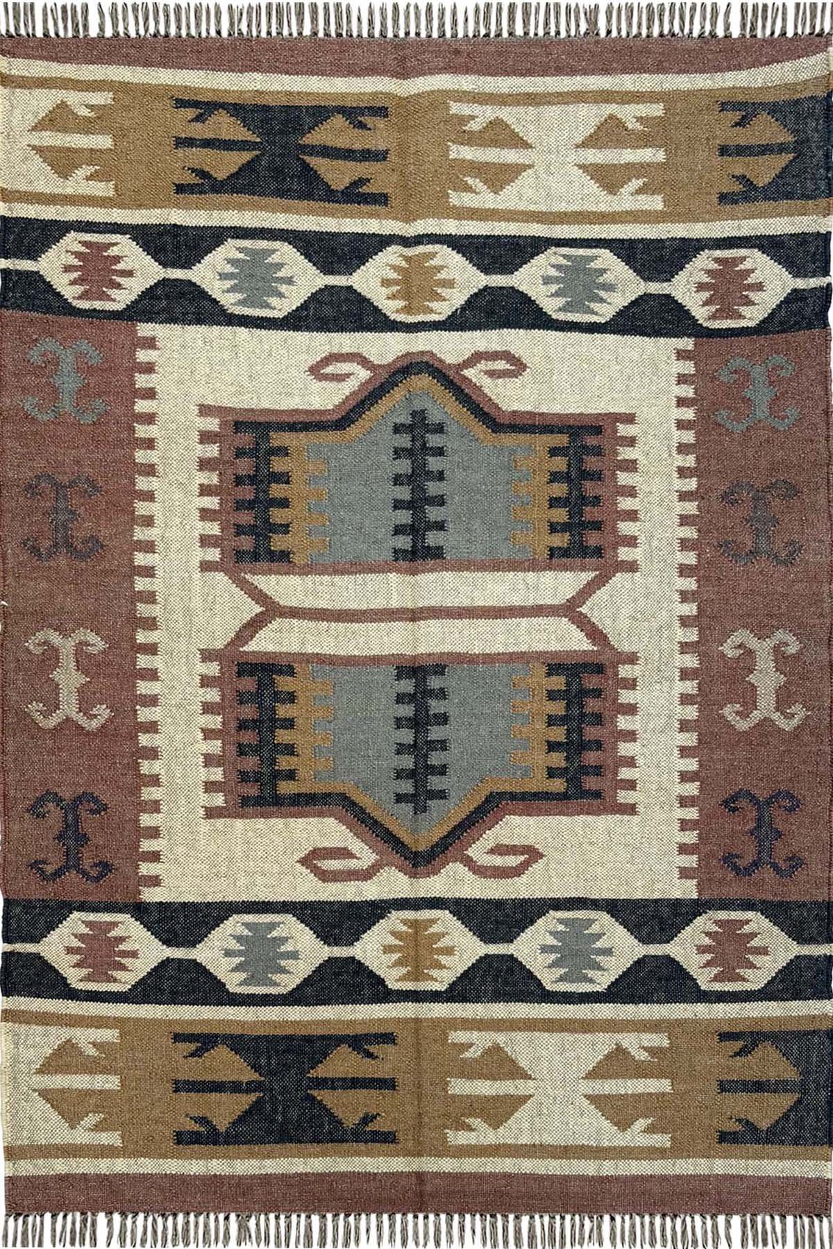 Handmade Handwoven Wool Jute Carpet 4x6 Ft Unique Ethnic Pattern Area Rug