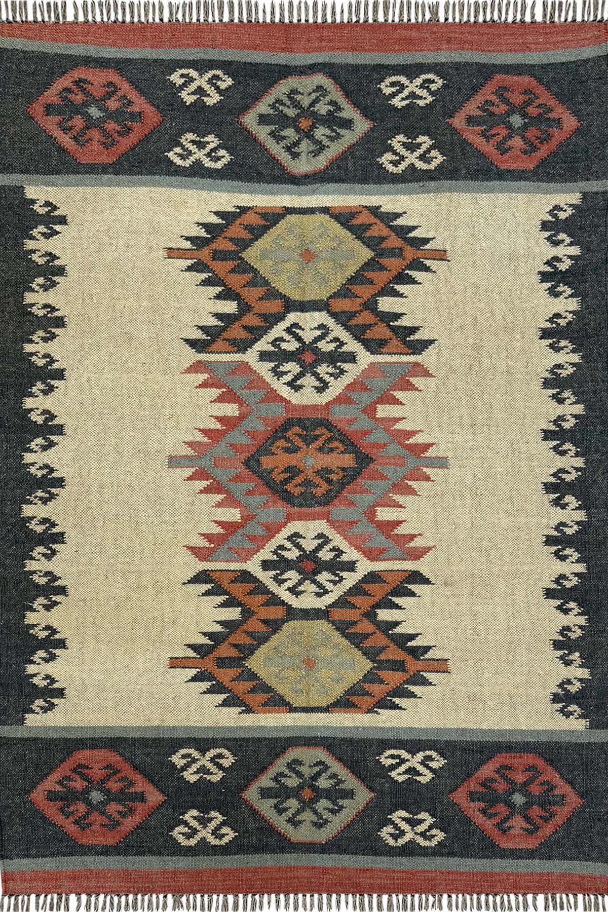 Handmade Wool & Jute Carpet 4x6 Ft Vintage Inspired Geometric Area Rug
